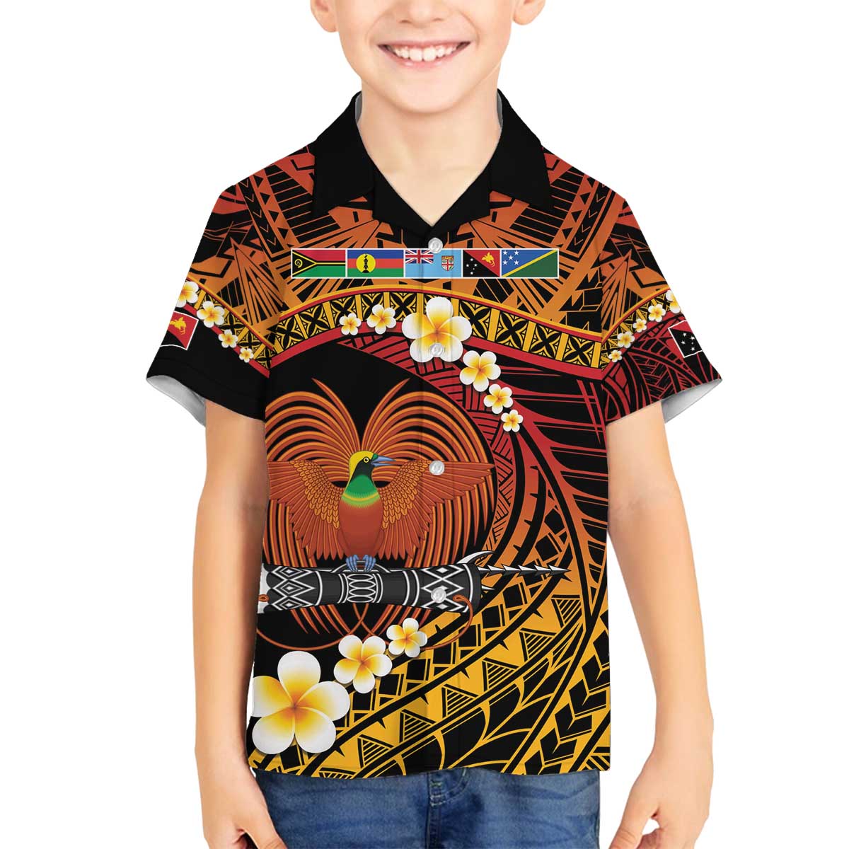 Melanesian Papua New Guinea Family Matching Off The Shoulder Long Sleeve Dress and Hawaiian Shirt Plumeria Bird of Paradise Tribal