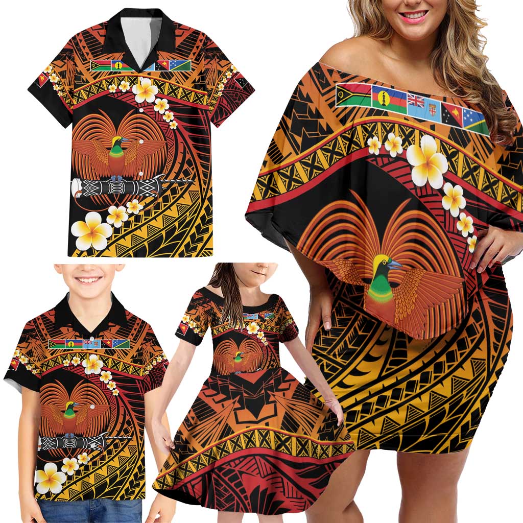 Melanesian Papua New Guinea Family Matching Off Shoulder Short Dress and Hawaiian Shirt Plumeria Bird of Paradise Tribal