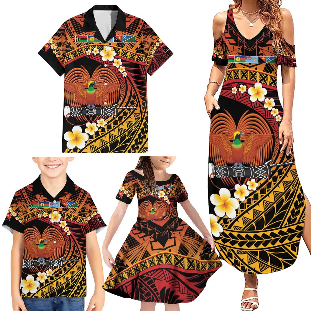 Melanesian Papua New Guinea Family Matching Summer Maxi Dress and Hawaiian Shirt Plumeria Bird of Paradise Tribal