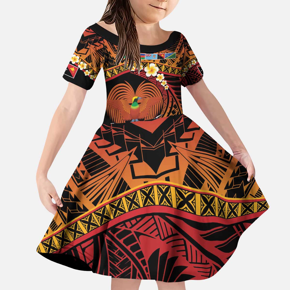 Melanesian Papua New Guinea Kid Short Sleeve Dress Plumeria Bird of Paradise Tribal