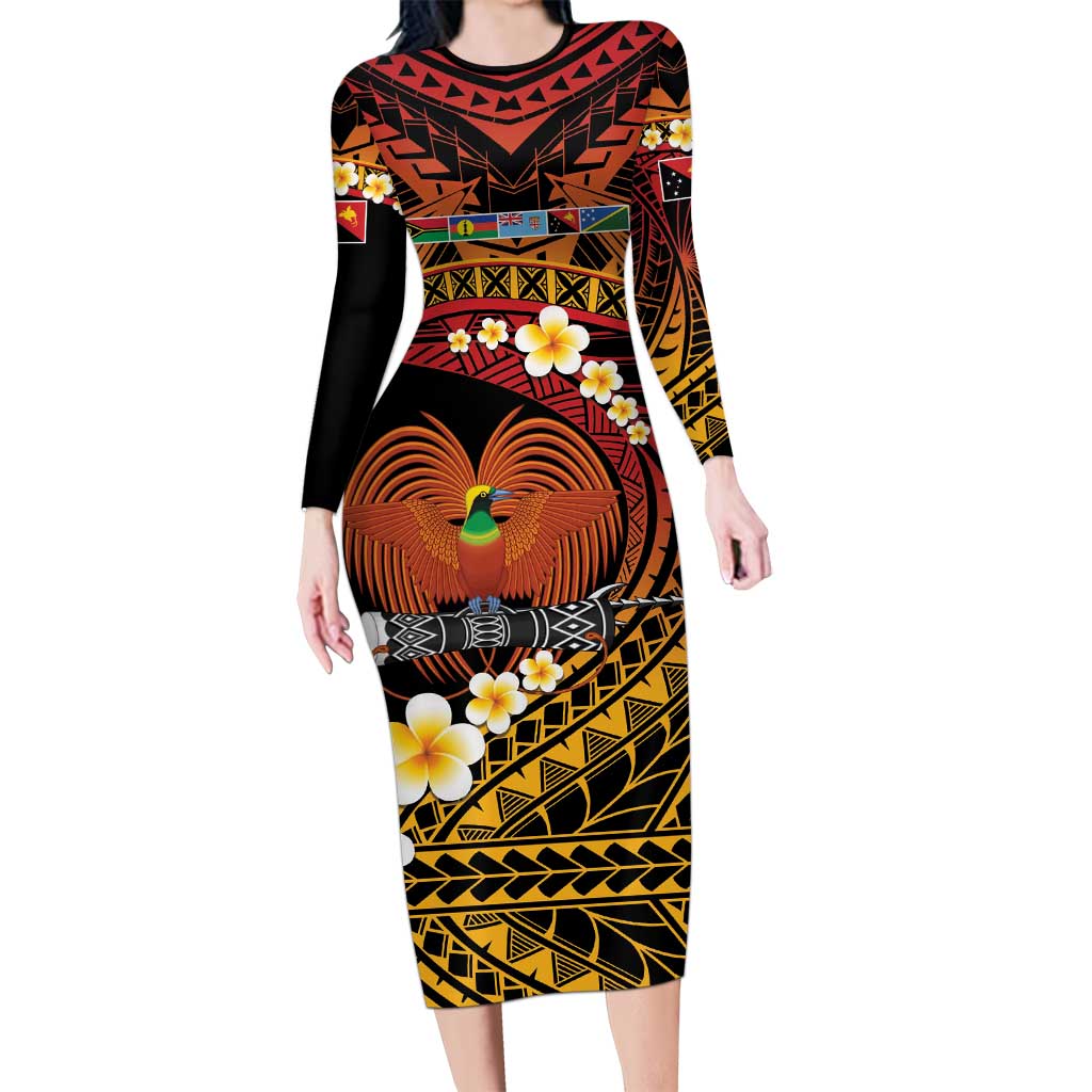 Melanesian Papua New Guinea Long Sleeve Bodycon Dress Plumeria Bird of Paradise Tribal