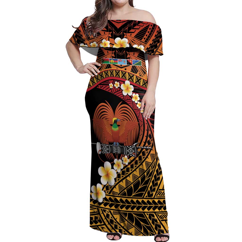 Melanesian Papua New Guinea Off Shoulder Maxi Dress Plumeria Bird of Paradise Tribal