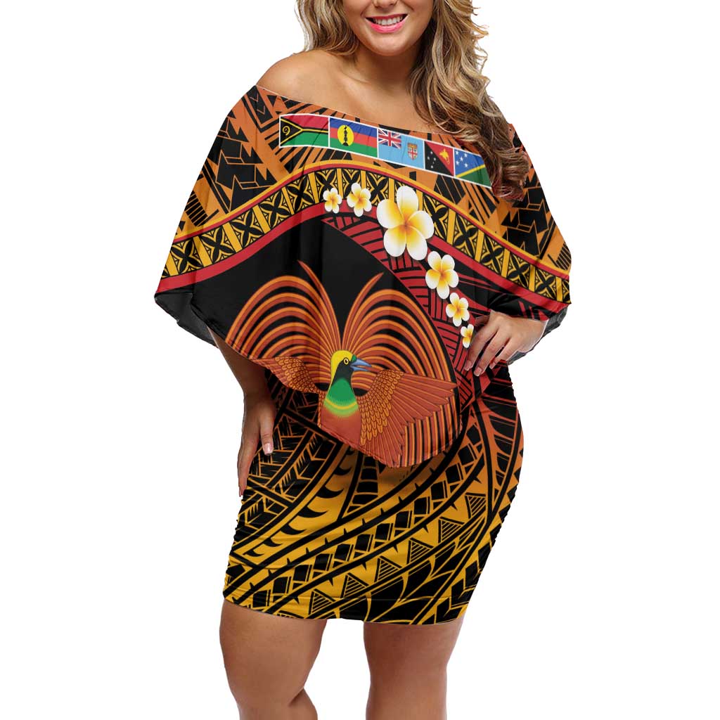 Melanesian Papua New Guinea Off Shoulder Short Dress Plumeria Bird of Paradise Tribal