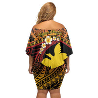 Melanesian Papua New Guinea Off Shoulder Short Dress Plumeria Bird of Paradise Tribal