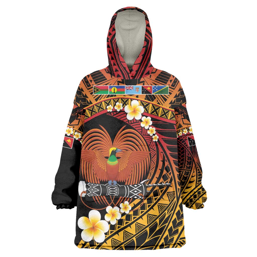 Melanesian Papua New Guinea Wearable Blanket Hoodie Plumeria Bird of Paradise Tribal