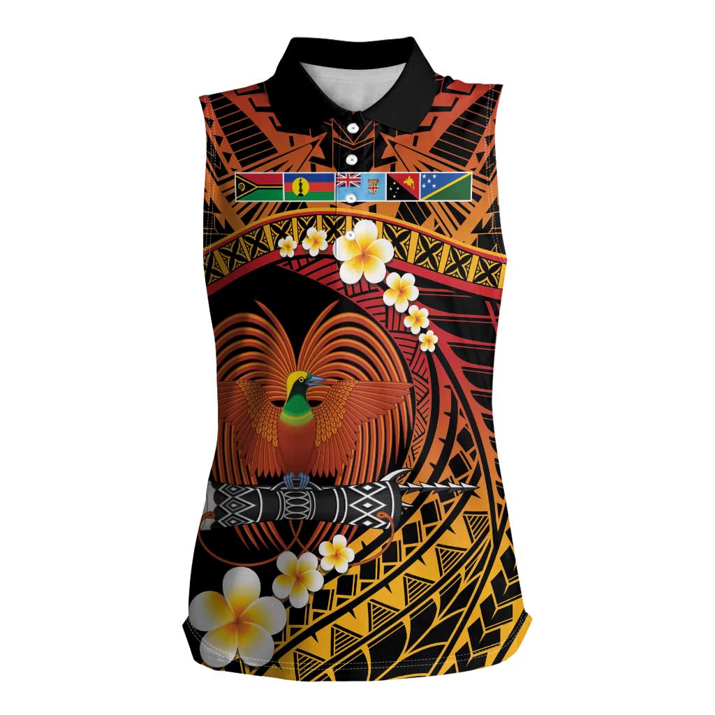 Melanesian Papua New Guinea Women Sleeveless Polo Shirt Plumeria Bird of Paradise Tribal