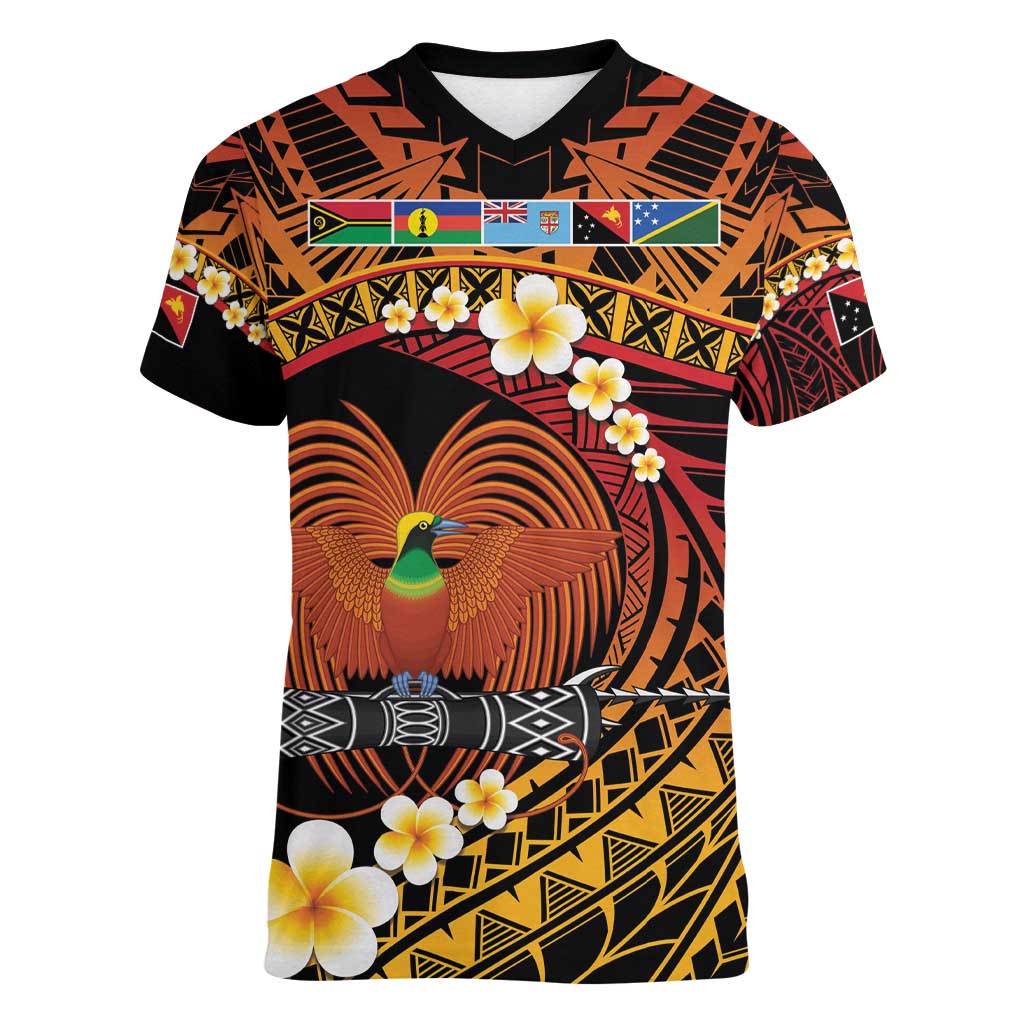 Melanesian Papua New Guinea Women V-Neck T-Shirt Plumeria Bird of Paradise Tribal