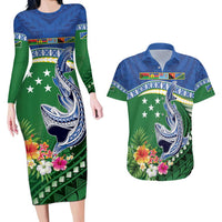 Melanesian Solomon Islands Couples Matching Long Sleeve Bodycon Dress and Hawaiian Shirt Tropical Shark Tattoo LT9 Blue - Polynesian Pride