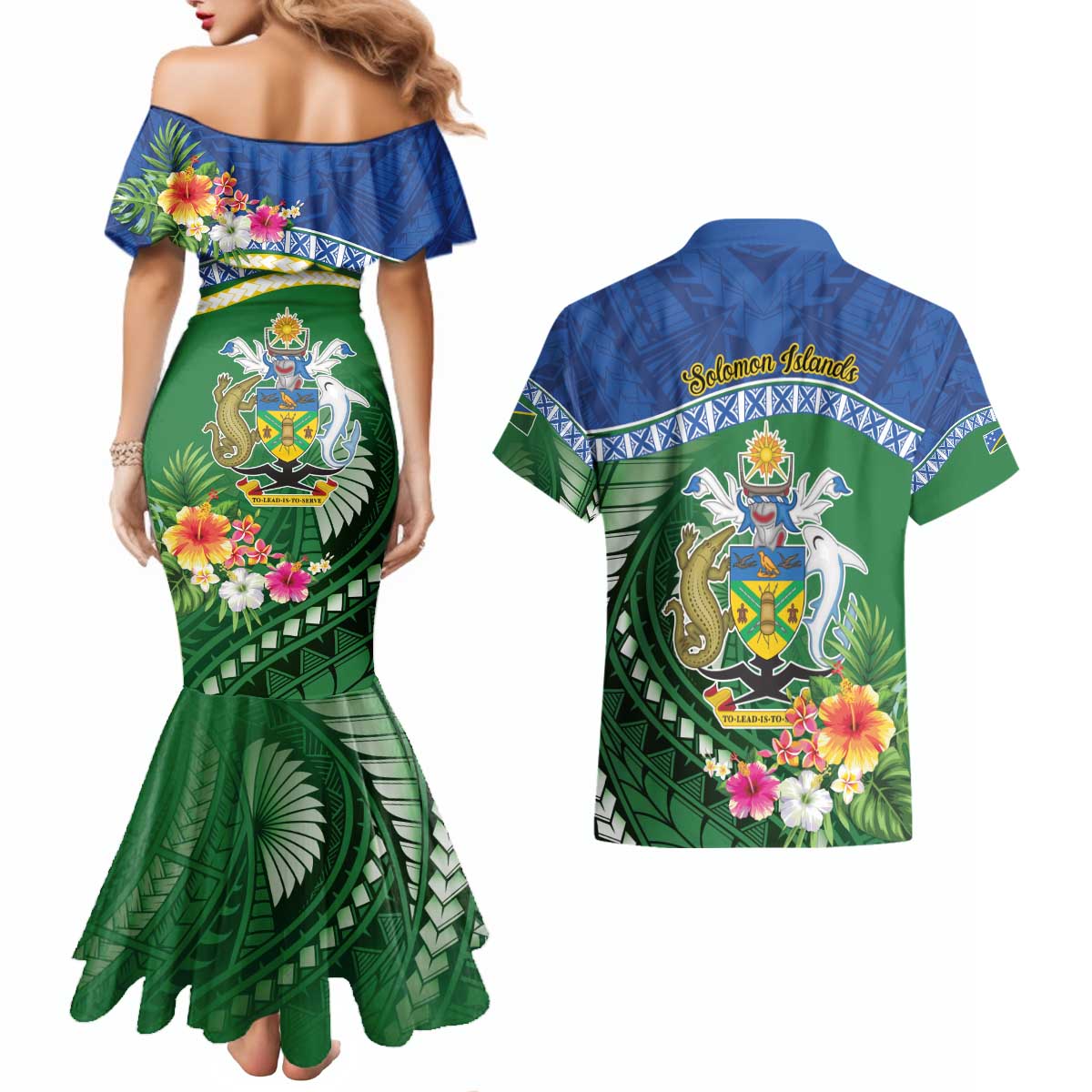 Melanesian Solomon Islands Couples Matching Mermaid Dress and Hawaiian Shirt Tropical Shark Tattoo LT9 - Polynesian Pride