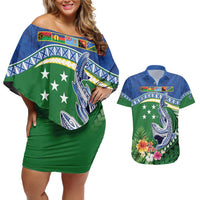Melanesian Solomon Islands Couples Matching Off Shoulder Short Dress and Hawaiian Shirt Tropical Shark Tattoo LT9 Blue - Polynesian Pride