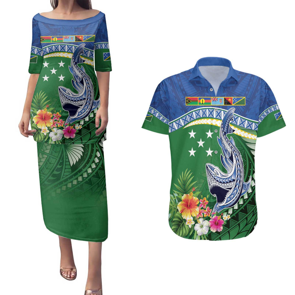 Melanesian Solomon Islands Couples Matching Puletasi and Hawaiian Shirt Tropical Shark Tattoo LT9 Blue - Polynesian Pride
