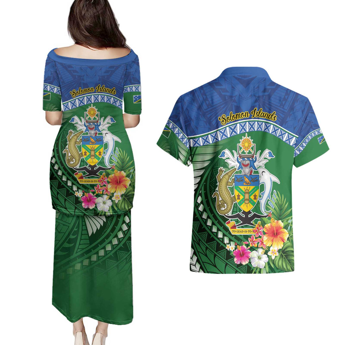 Melanesian Solomon Islands Couples Matching Puletasi and Hawaiian Shirt Tropical Shark Tattoo LT9 - Polynesian Pride