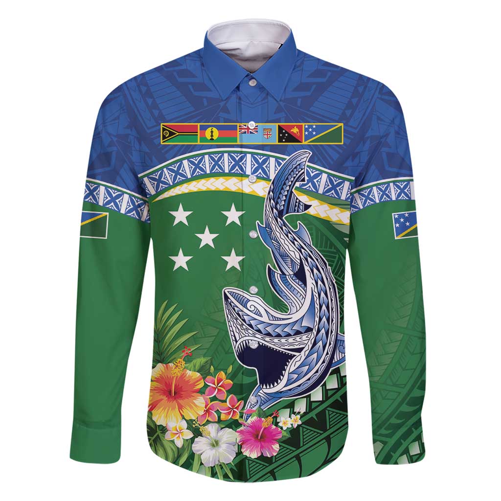 Melanesian Solomon Islands Family Matching Long Sleeve Bodycon Dress and Hawaiian Shirt Tropical Shark Tattoo LT9 Dad's Shirt - Long Sleeve Blue - Polynesian Pride
