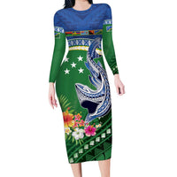 Melanesian Solomon Islands Family Matching Long Sleeve Bodycon Dress and Hawaiian Shirt Tropical Shark Tattoo LT9 Mom's Dress Blue - Polynesian Pride