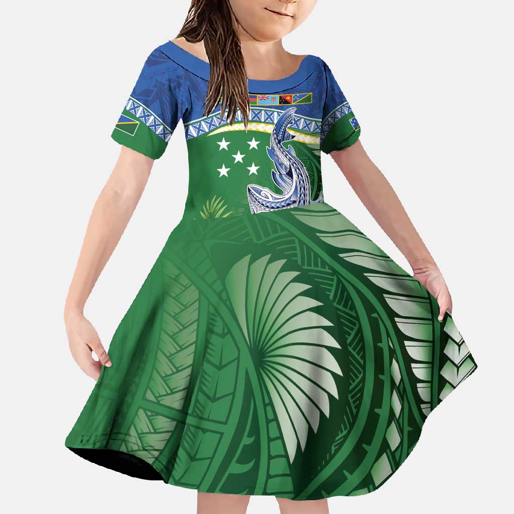 Melanesian Solomon Islands Family Matching Mermaid Dress and Hawaiian Shirt Tropical Shark Tattoo LT9 Daughter's Dress Blue - Polynesian Pride
