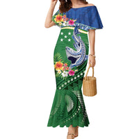 Melanesian Solomon Islands Family Matching Mermaid Dress and Hawaiian Shirt Tropical Shark Tattoo LT9 Mom's Dress Blue - Polynesian Pride