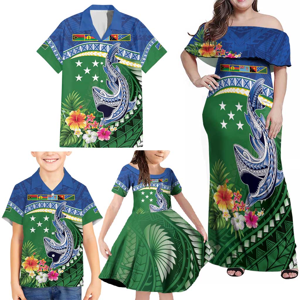 Melanesian Solomon Islands Family Matching Off Shoulder Maxi Dress and Hawaiian Shirt Tropical Shark Tattoo