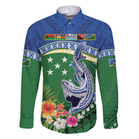 Melanesian Solomon Islands Family Matching Summer Maxi Dress and Hawaiian Shirt Tropical Shark Tattoo LT9 Dad's Shirt - Long Sleeve Blue - Polynesian Pride