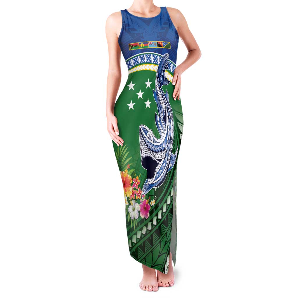 Melanesian Solomon Islands Family Matching Tank Maxi Dress and Hawaiian Shirt Tropical Shark Tattoo LT9 Mom's Dress Blue - Polynesian Pride