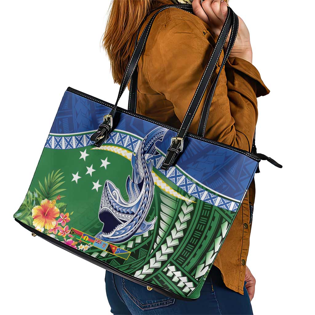 Melanesian Solomon Islands Leather Tote Bag Tropical Shark Tattoo LT9 - Polynesian Pride