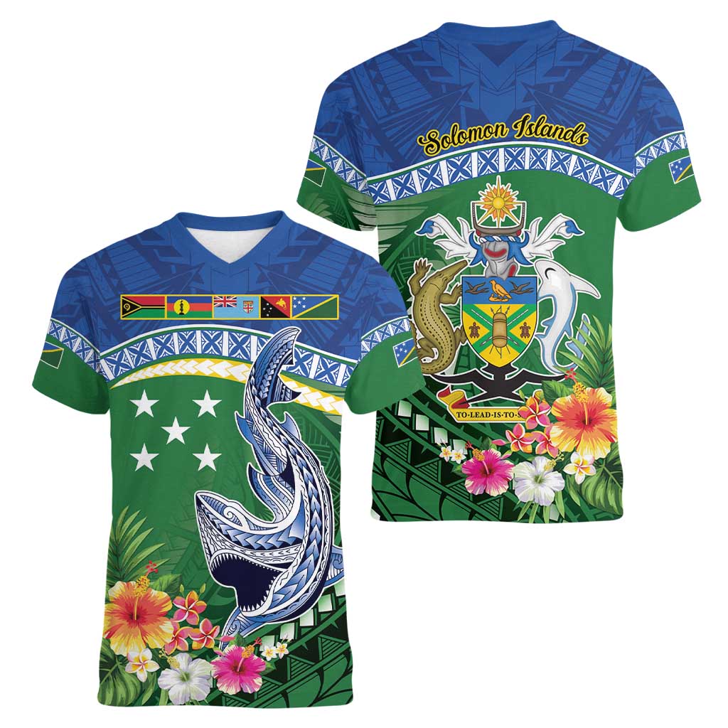 Melanesian Solomon Islands Women V-Neck T-Shirt Tropical Shark Tattoo