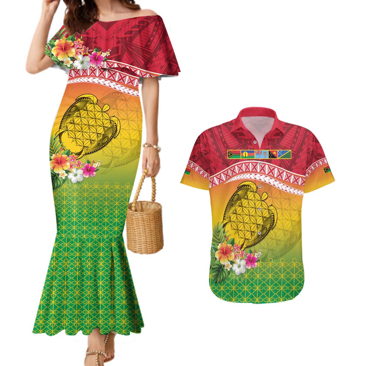 Melanesian Ni-Vanuatu Couples Matching Mermaid Dress and Hawaiian Shirt Sea Turtle with Sand Drawing Pattern