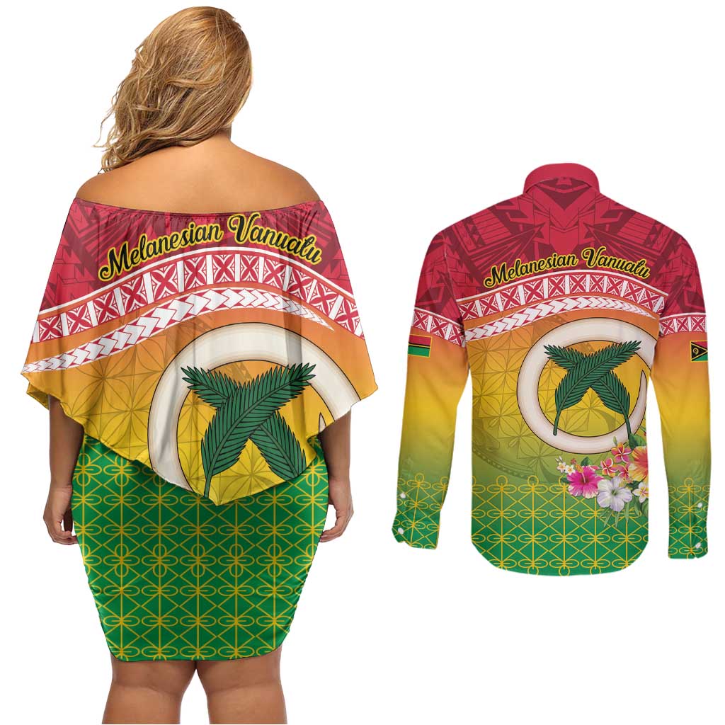 Melanesian Ni-Vanuatu Couples Matching Off Shoulder Short Dress and Long Sleeve Button Shirt Sea Turtle with Sand Drawing Pattern