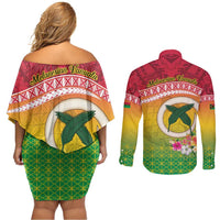 Melanesian Ni-Vanuatu Couples Matching Off Shoulder Short Dress and Long Sleeve Button Shirt Sea Turtle with Sand Drawing Pattern
