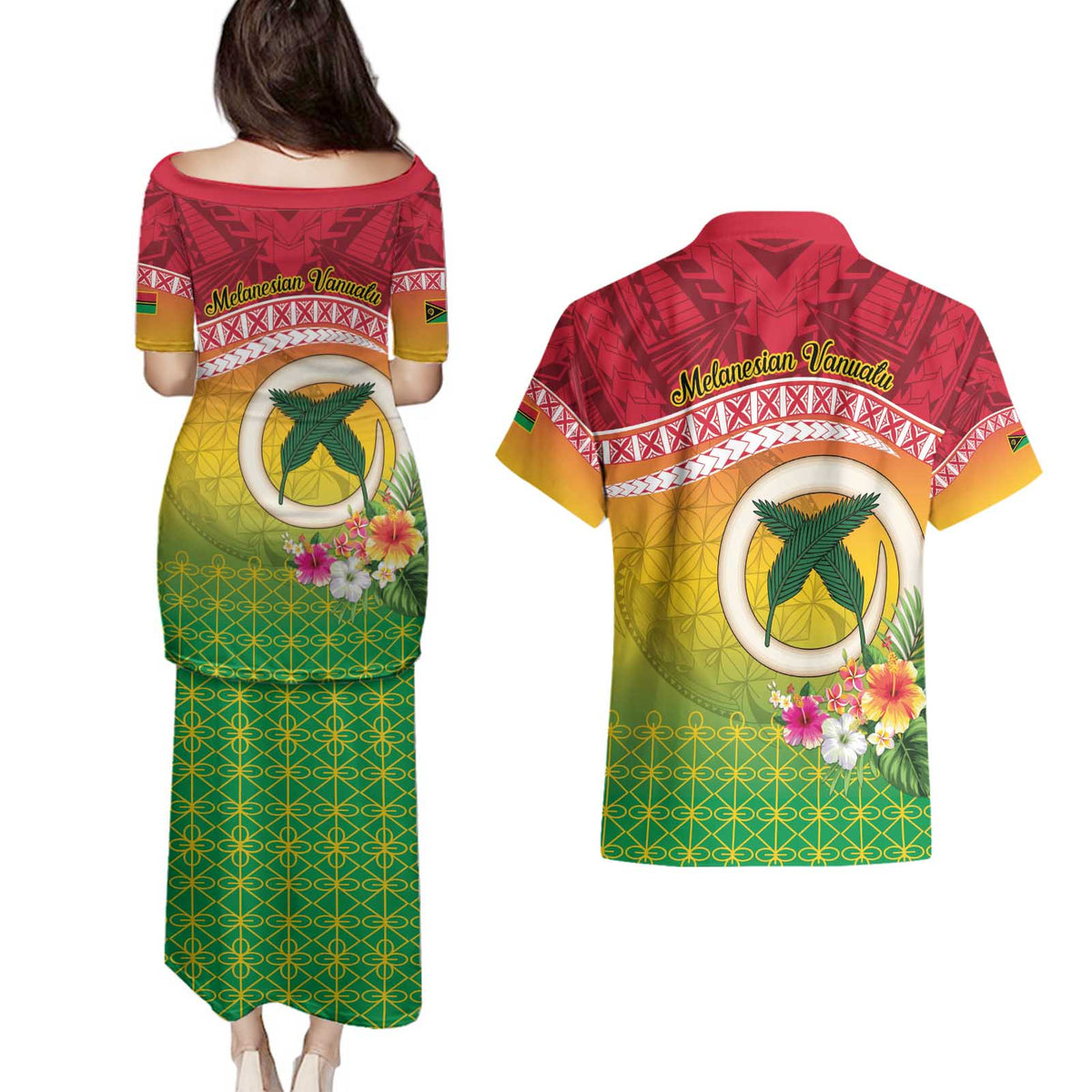 Melanesian Ni-Vanuatu Couples Matching Puletasi and Hawaiian Shirt Sea Turtle with Sand Drawing Pattern