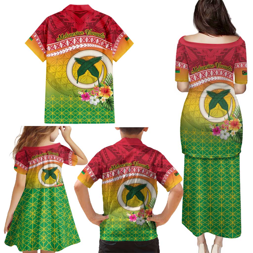 Melanesian Ni-Vanuatu Family Matching Puletasi and Hawaiian Shirt Sea Turtle with Sand Drawing Pattern