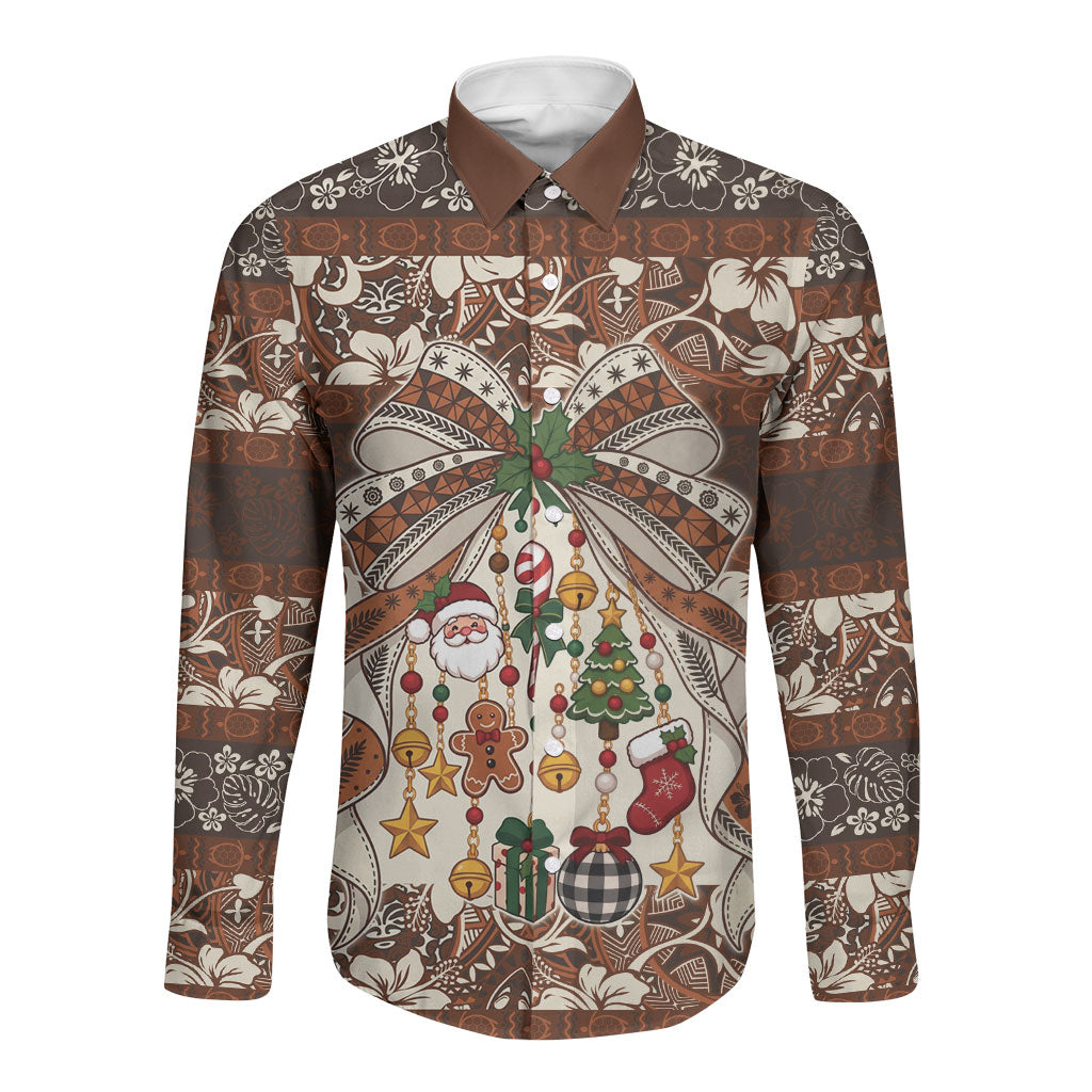 Tahiti 'Ahu Christmas Bow Long Sleeve Button Shirt Ia 'oa'oa i te Noera