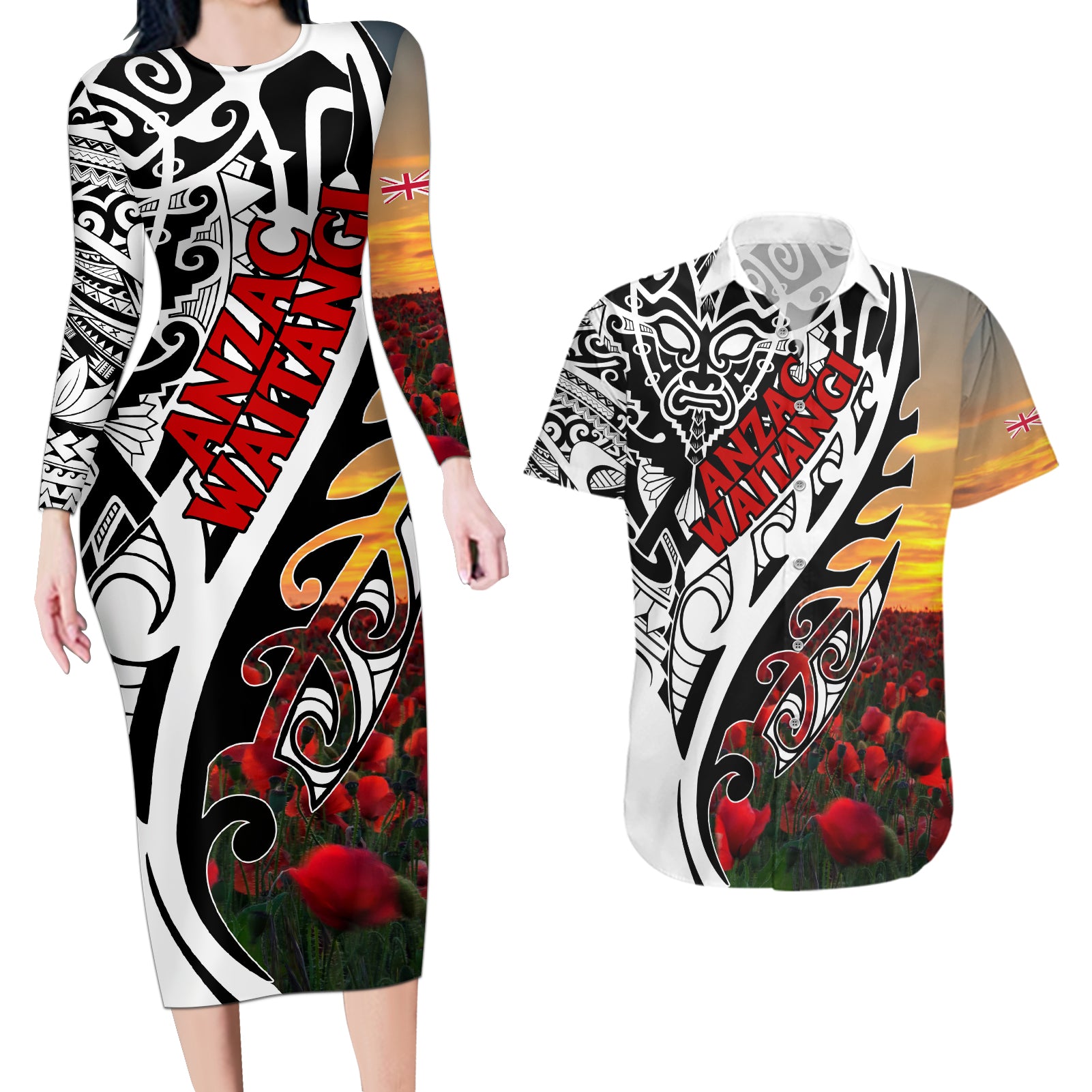 Personalised New Zealand Waitangi and ANZAC day Couples Matching Long Sleeve Bodycon Dress and Hawaiian Shirt LT9 White - Polynesian Pride