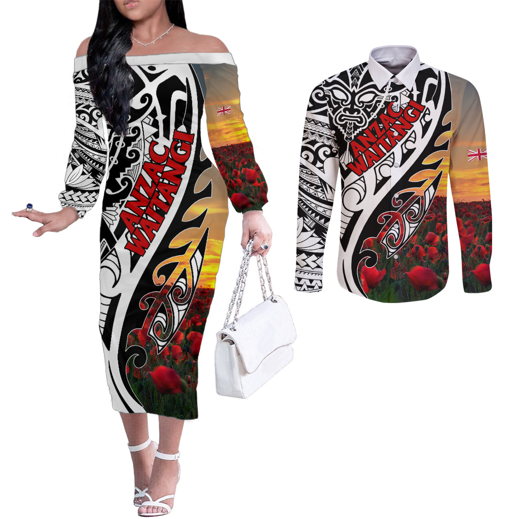 Personalised New Zealand Waitangi and ANZAC day Couples Matching Off The Shoulder Long Sleeve Dress and Long Sleeve Button Shirt LT9 White - Polynesian Pride