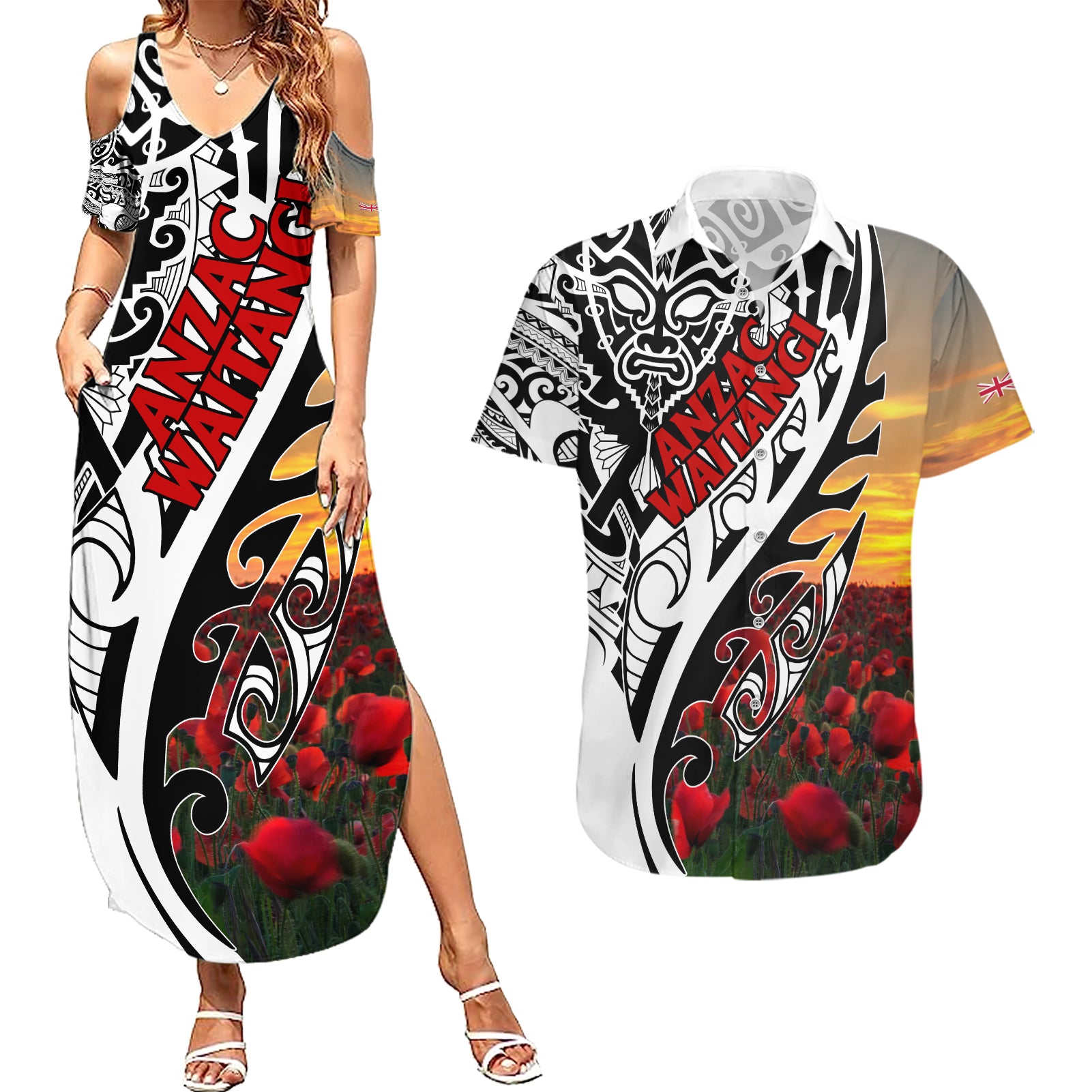 Personalised New Zealand Waitangi and ANZAC day Couples Matching Summer Maxi Dress and Hawaiian Shirt LT9 White - Polynesian Pride