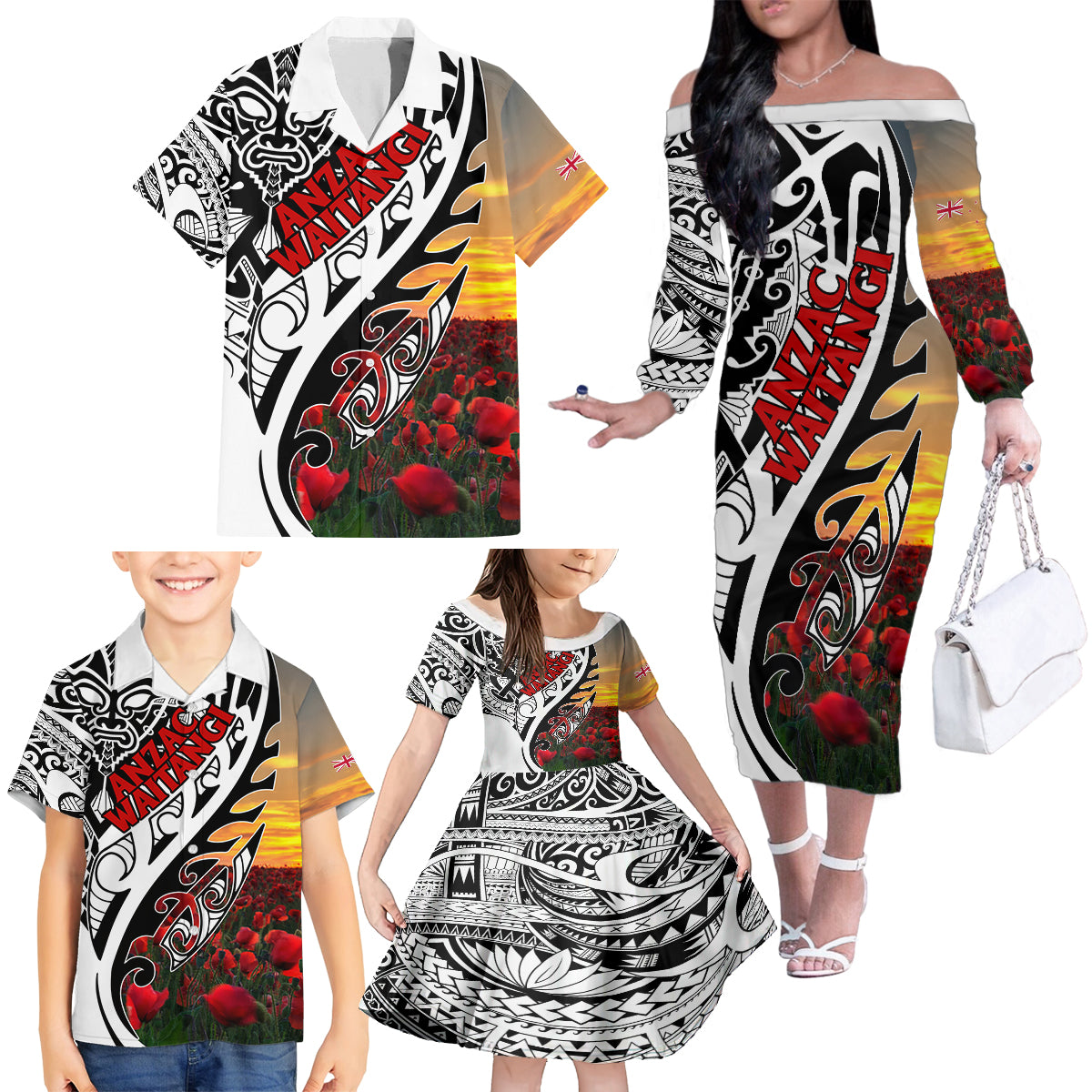 Personalised New Zealand Waitangi and ANZAC day Family Matching Off Shoulder Long Sleeve Dress and Hawaiian Shirt LT9 - Polynesian Pride