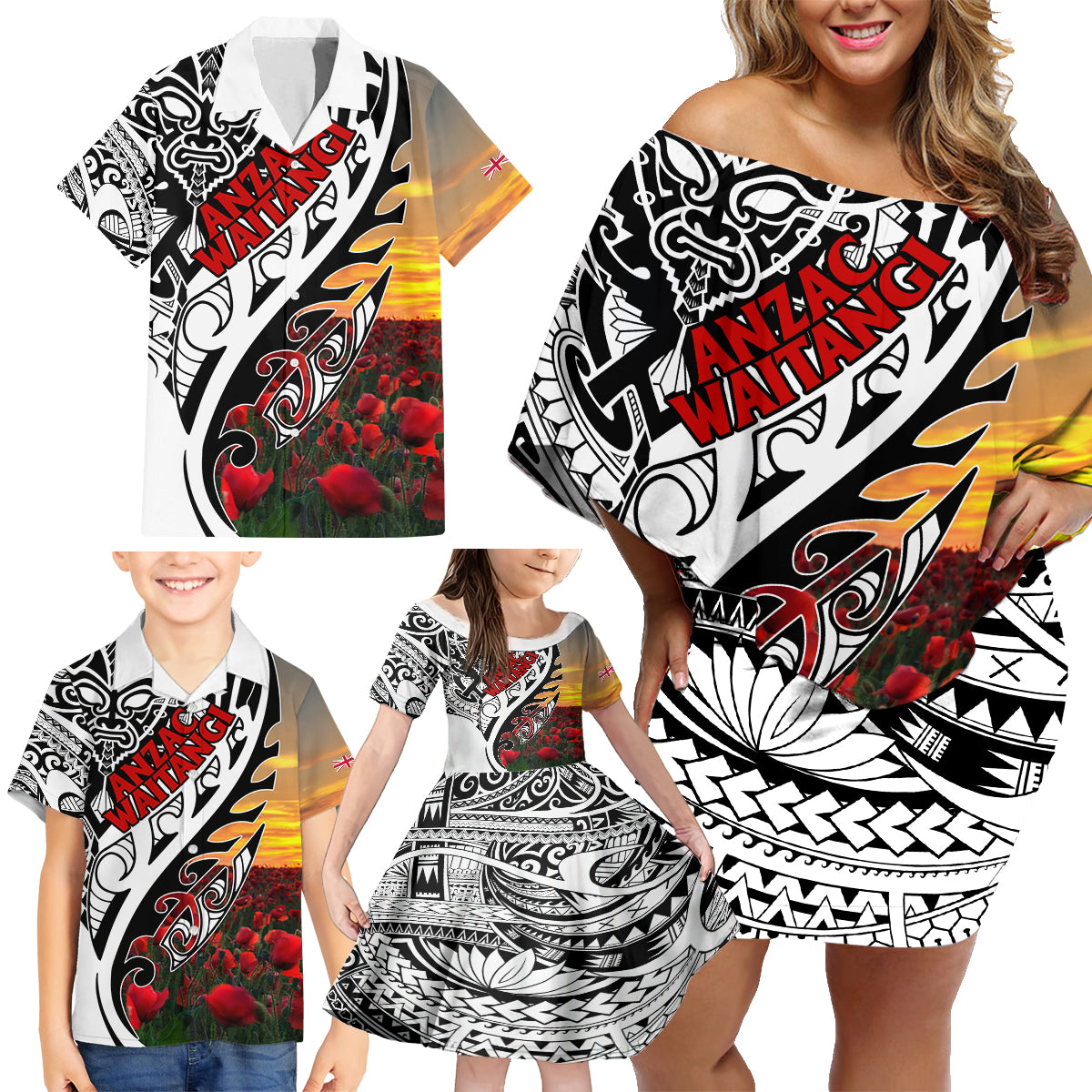 Personalised New Zealand Waitangi and ANZAC day Family Matching Off Shoulder Short Dress and Hawaiian Shirt LT9 - Polynesian Pride