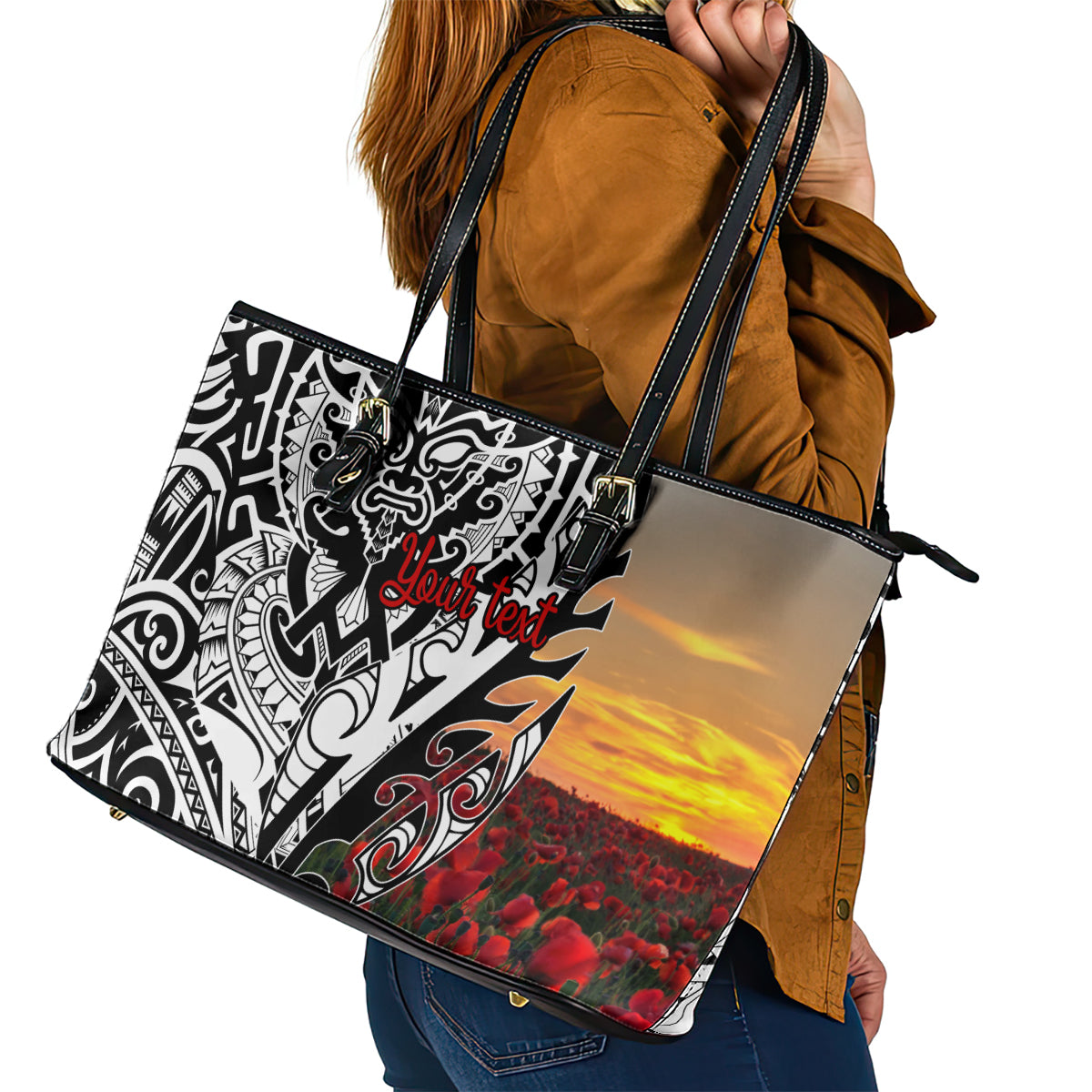 Personalised New Zealand Waitangi and ANZAC day Leather Tote Bag LT9 - Polynesian Pride