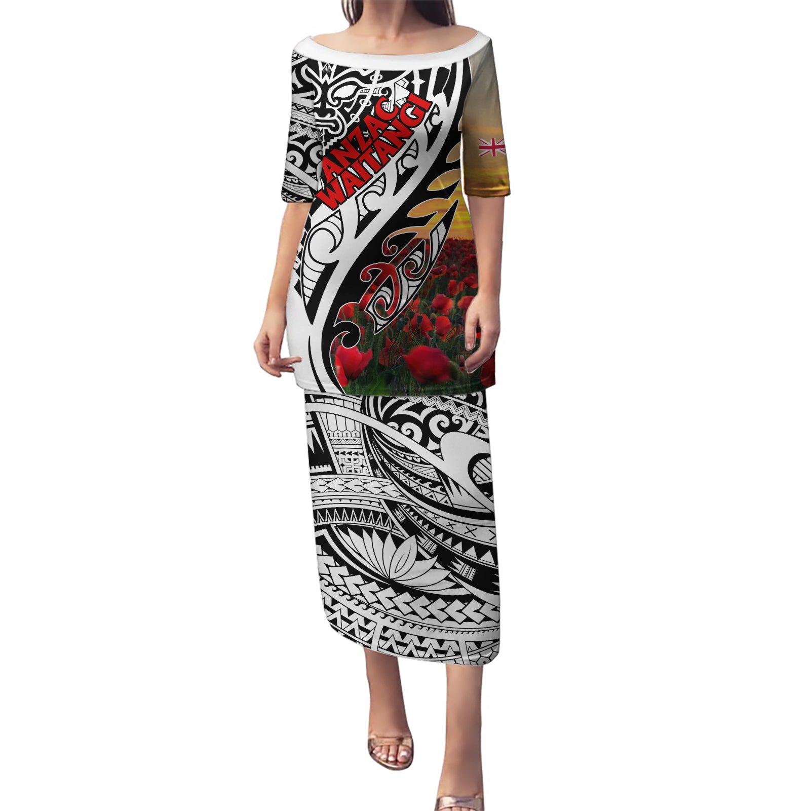 Personalised New Zealand Waitangi and ANZAC day Puletasi LT9 Long Dress White - Polynesian Pride