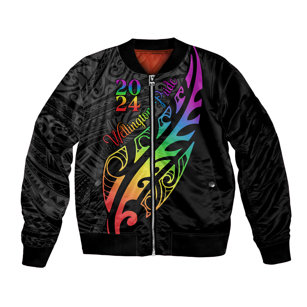 Personalised New Zealand Wellington Pride Bomber Jacket Maori Fern with Pride Flag 2024 LT9 Unisex Black - Polynesian Pride