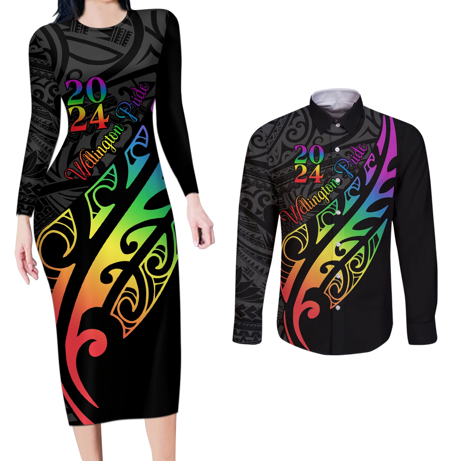 Personalised New Zealand Wellington Pride Couples Matching Long Sleeve Bodycon Dress and Long Sleeve Button Shirt Maori Fern with Pride Flag 2024 LT9 Black - Polynesian Pride