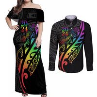 Personalised New Zealand Wellington Pride Couples Matching Off Shoulder Maxi Dress and Long Sleeve Button Shirt Maori Fern with Pride Flag 2024 LT9 Black - Polynesian Pride