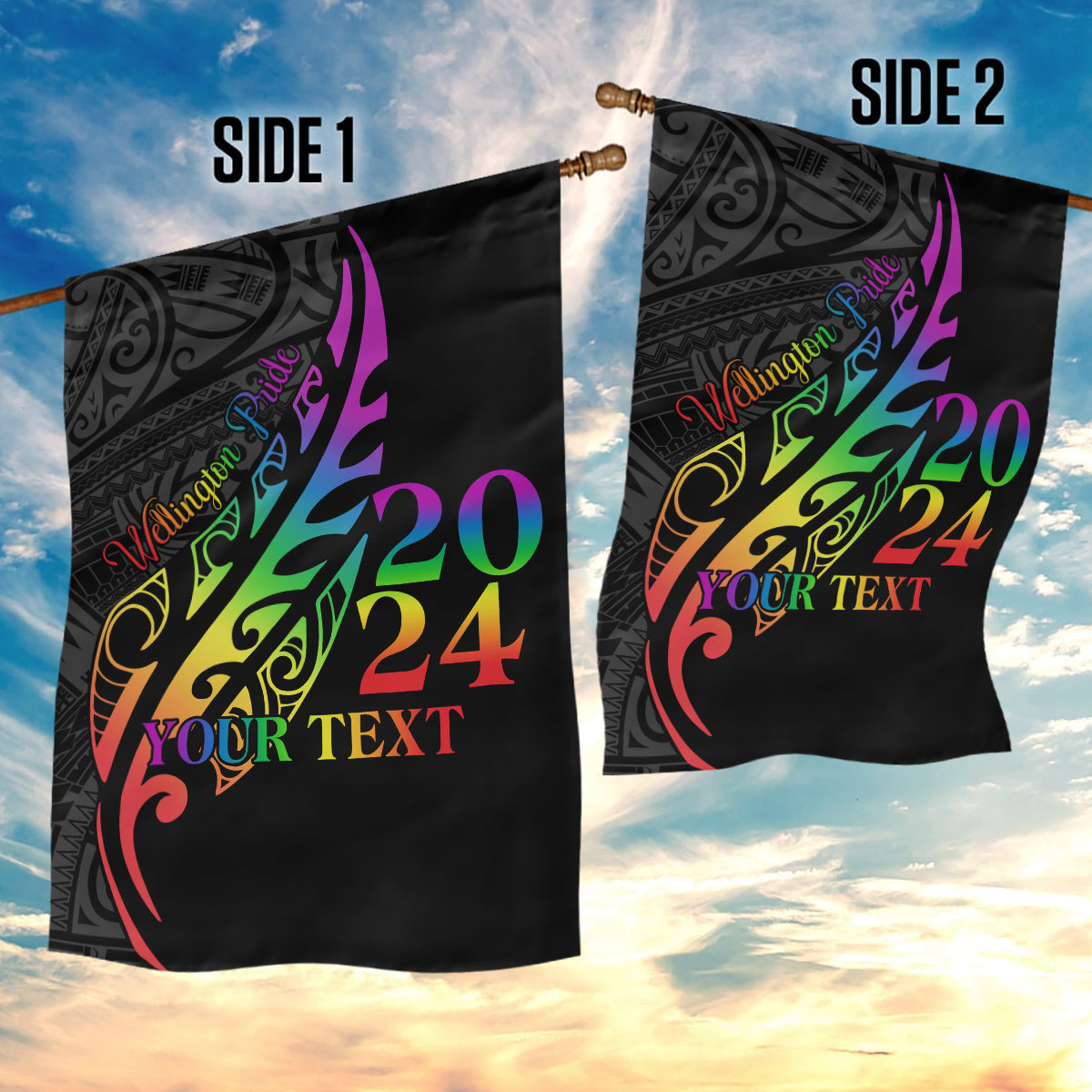 Personalised New Zealand Wellington Pride Garden Flag Maori Fern with Pride Flag 2024