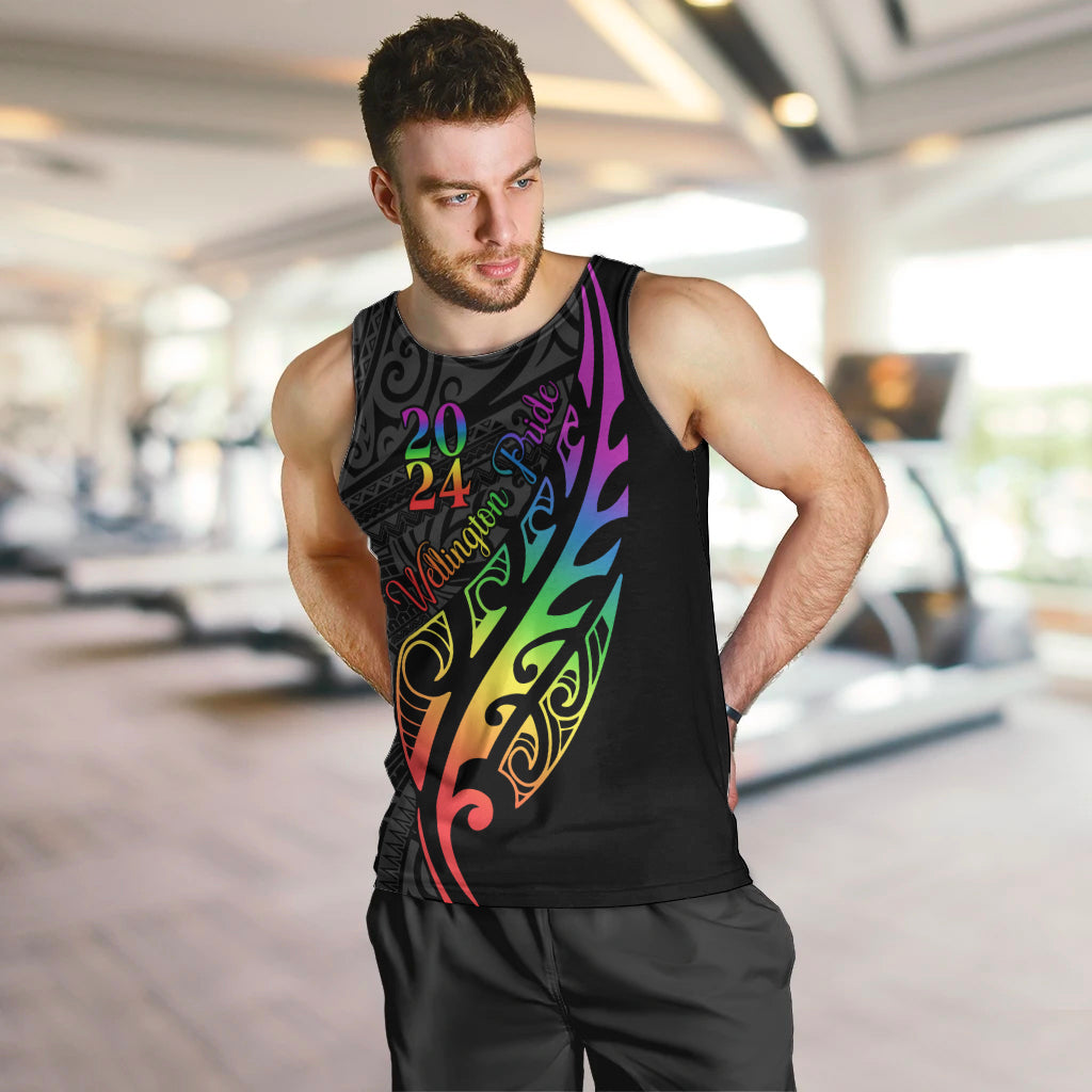 Personalised New Zealand Wellington Pride Men Tank Top Maori Fern with Pride Flag 2024 LT9 Black - Polynesian Pride