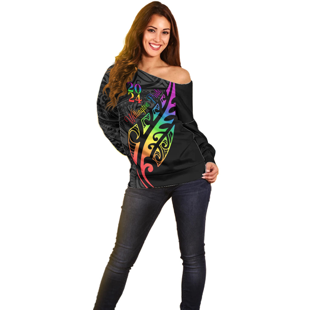 Personalised New Zealand Wellington Pride Off Shoulder Sweater Maori Fern with Pride Flag 2024 LT9 - Polynesian Pride
