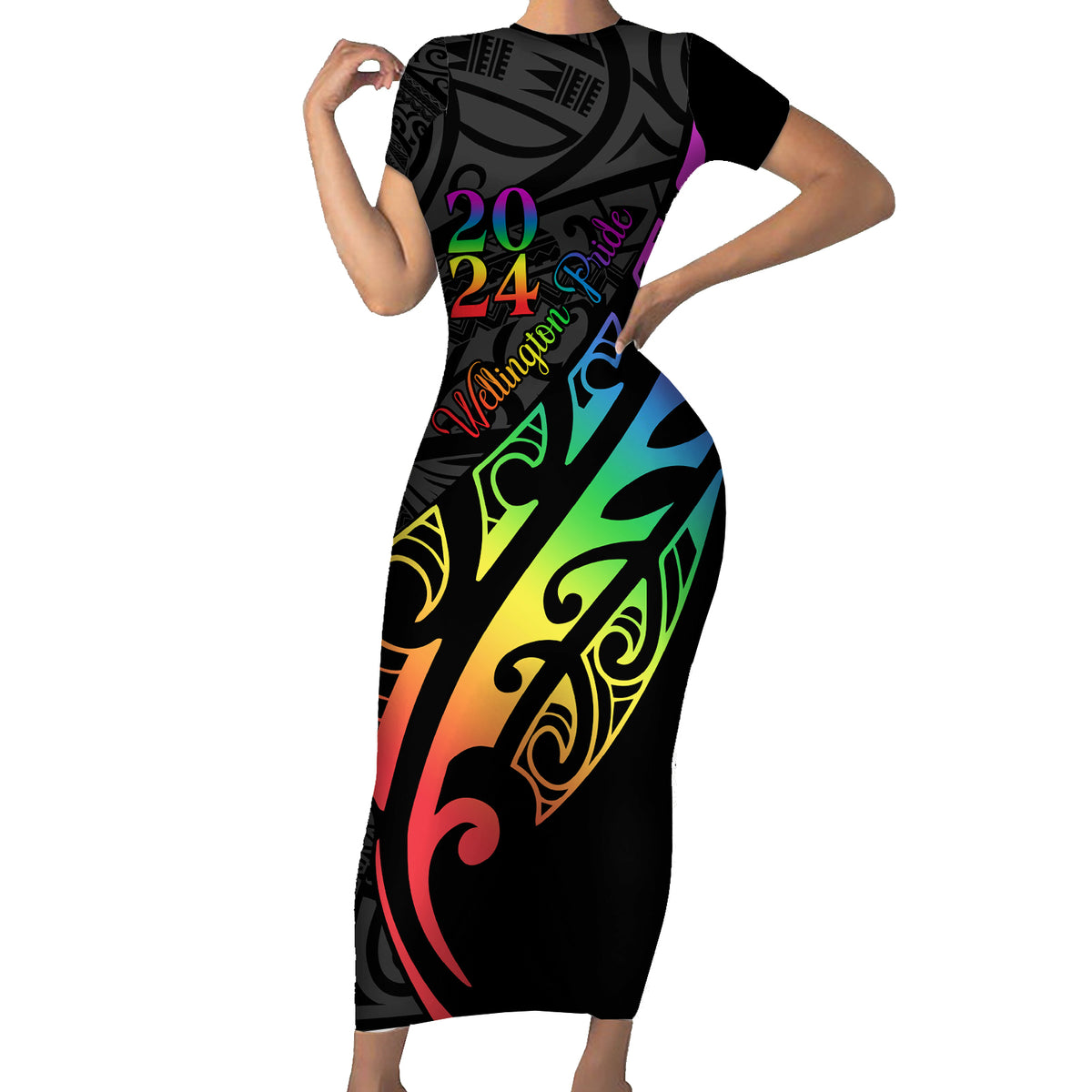 Personalised New Zealand Wellington Pride Short Sleeve Bodycon Dress Maori Fern with Pride Flag 2024 LT9 Long Dress Black - Polynesian Pride