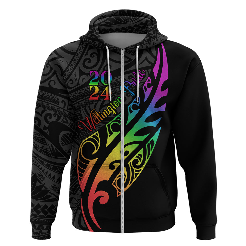Personalised New Zealand Wellington Pride Zip Hoodie Maori Fern with Pride Flag 2024 LT9 Zip Hoodie Black - Polynesian Pride