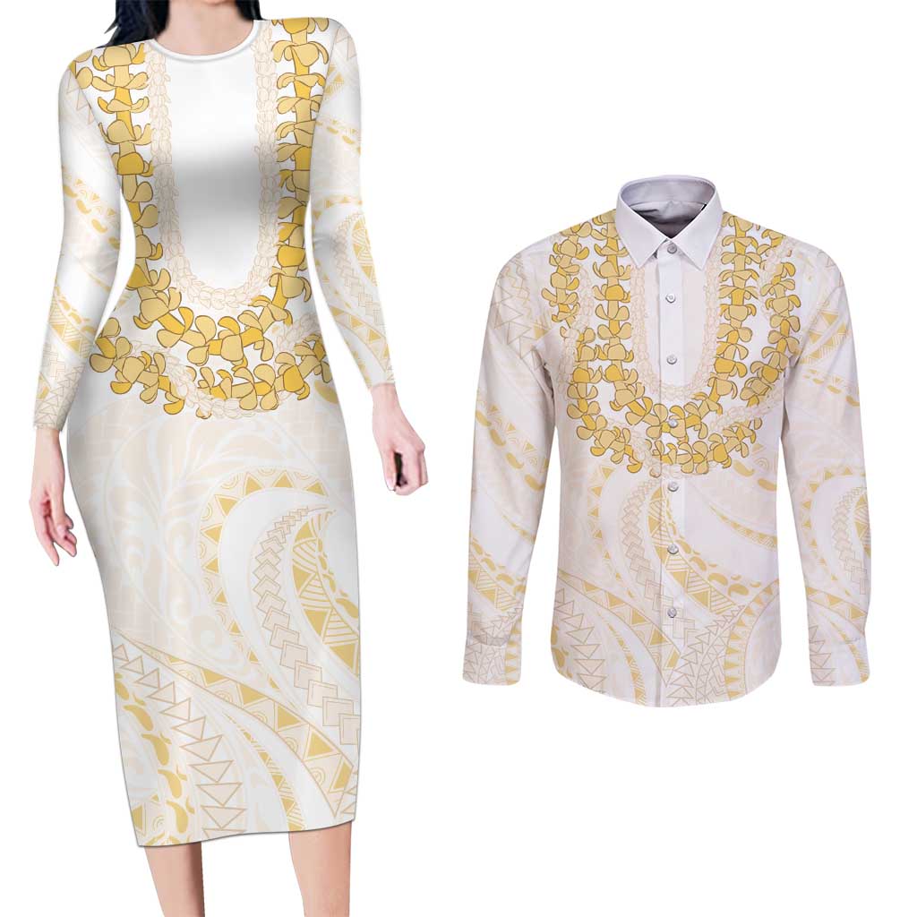 Aloha Lei Onaona Couples Matching Long Sleeve Bodycon Dress and Long Sleeve Button Shirt Beige Hawaiian Tribal Pattern LT9 Beige - Polynesian Pride