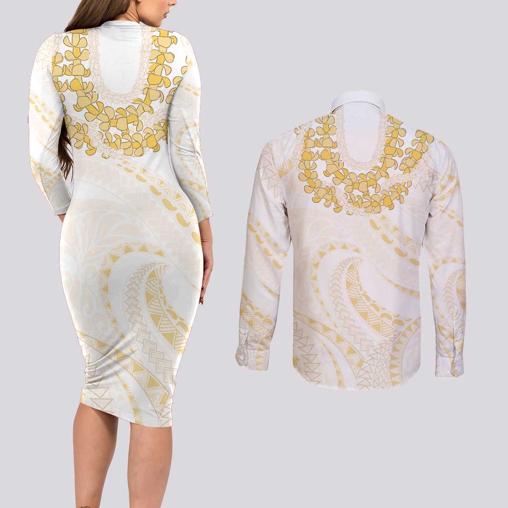 Aloha Lei Onaona Couples Matching Long Sleeve Bodycon Dress and Long Sleeve Button Shirt Beige Hawaiian Tribal Pattern LT9 - Polynesian Pride