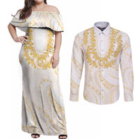 Aloha Lei Onaona Couples Matching Off Shoulder Maxi Dress and Long Sleeve Button Shirt Beige Hawaiian Tribal Pattern LT9 Beige - Polynesian Pride