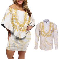 Aloha Lei Onaona Couples Matching Off Shoulder Short Dress and Long Sleeve Button Shirt Beige Hawaiian Tribal Pattern LT9 Beige - Polynesian Pride